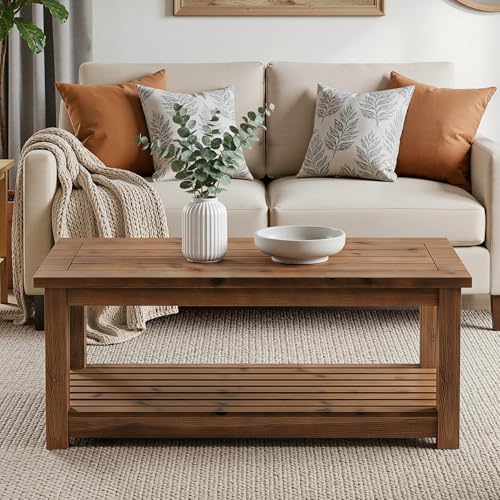 Image of LITTLE TREE Solid Wood Coffee Table, 47-Inch Living Room Center Table with Shelf, 2-Tier, Easy Assembly, 23.6 inch D x 47.2 inch W, Rustic Brown