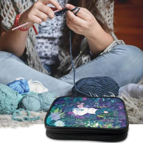 Image of Cute Kitten Crochet Hook Case Flower Knitting Needle Storage with Web Pockets for Home Park Hand Washable Parents Gifts Holiday