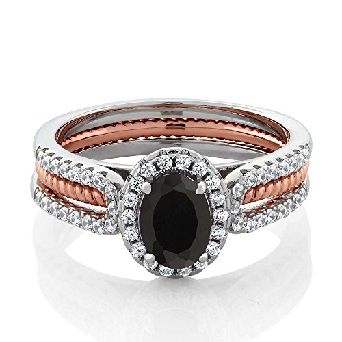 Gem Stone King 1.42 Cttw Black Onyx Wedding Band Engagement Insert Stackable Ring for Women | 925 2-Tone Sterling Silver | Oval 7X5MM | Gemstone December Birthstone | Available in Size 5,6,7,8,92