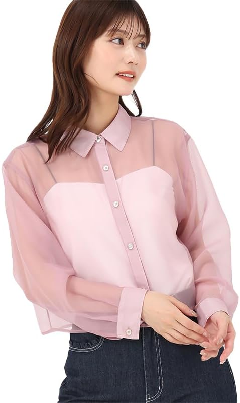 [ミッシュマッシュ] シャツ/ブラウス レディース シャツ 長袖 シアー素材 クロップド丈 オフィスカジュアル 春服 ベーシック