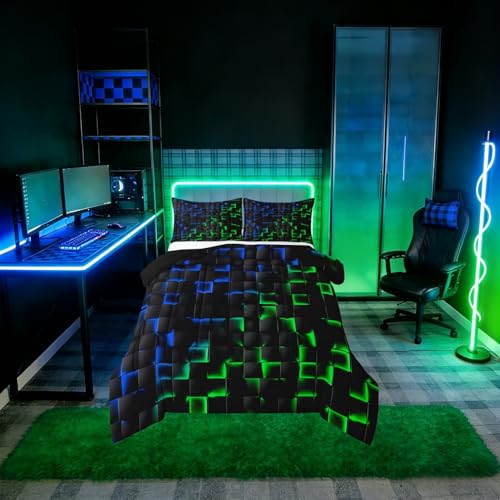 Image of Erosebridal Geometric Checkered Comforter Set Twin Neon Blue Green Bedding Set for Kids Boys Teen Gamer Room Decor,Abstract Ombre Plaid Comforter Grids Quilt Duvet Black