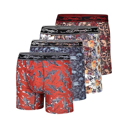 ED HARDY Mens Boxer Briefs 4 Pack Soft Fabric Pull On Closure Machine Washable Comfortable Stretch Boxer with Skulls Eagle Design Large