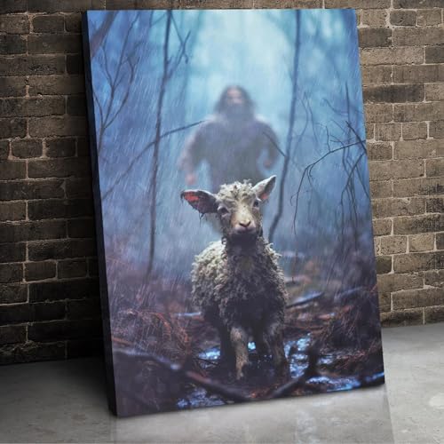 Image of GUN SUPPLIES OUTLET LLC Jesus and Lamb Canvas Wall Art Jesus Chasing After Lamb Picture Religious Christian Home Decor Print 12x16 inch