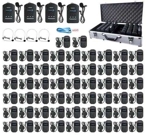 EXMAX EXD-101 2.4G Wireless Tour Guide Monitoring Voice Audio Transmission System for Teaching Museum Conference Church Translation Trip (4 Transmitters 56 Receivers + Aluminium 64-slot Charging Case)
