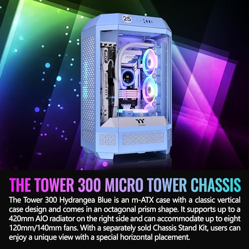 Image of Thermaltake Tower 300 Hydrangea Blue Micro-ATX Case; 2x140mm CT Fan Included; Support Up to 420mm Radiator; Optional Chassis Stand Kit Allows Horizontal Display; CA-1Y4-00SFWN-00; 3 Year Warranty
