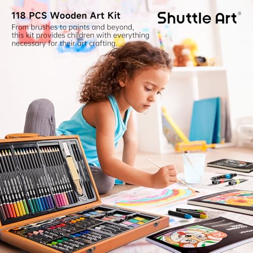 Shuttle Art 118 Piece Deluxe Art Set, Art Supplies in Wooden Case, Painting Drawing Art Kit with Acrylic Paint Pencils Oil Pastels Watercolour Cakes Colouring Book Sketch Pad for Kids Adults - Image 8