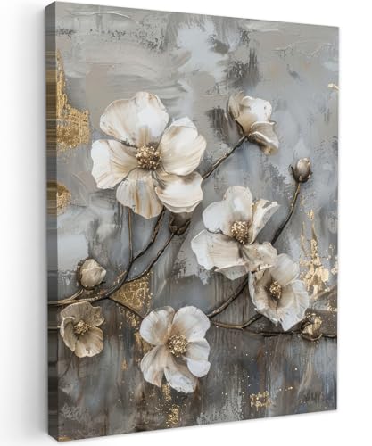 MuchoWow© Impressions sur Toile 30x40 cm Deco Tableau Murale Decoration Salon Peinture Tableaux Chambre Toiles Maison Fleurs - blanc - gris - or - luxe