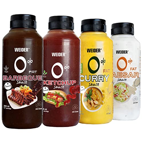 Weider PACK Gourmet 0% Fat Sauces (4x265 ml). Pack completo de 4 Salsas BBQ - Ketchup - César - Curry. 0% Grasas, 0% Azúcar. Bajo en Calorias. Ideal para aliñar tus platos.