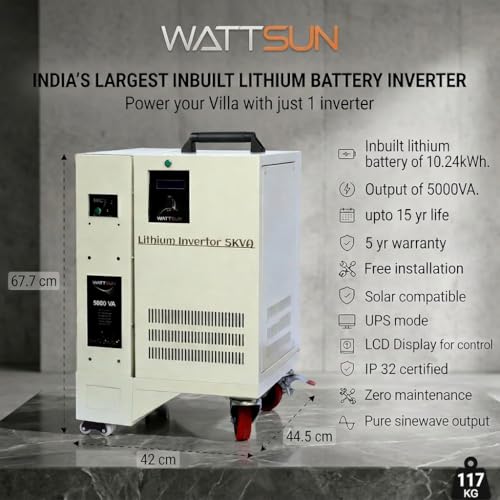 Image of Wattsun 5kVA Inverter with 10.24KWh High Capacity Inbuilt Lithium Battery | Upto 15 Yr Life | Solar Compatible | UPS Mode | Runs 1.5 Ton AC | Fast Charging, Zero Maintenance | 5-Year Warranty