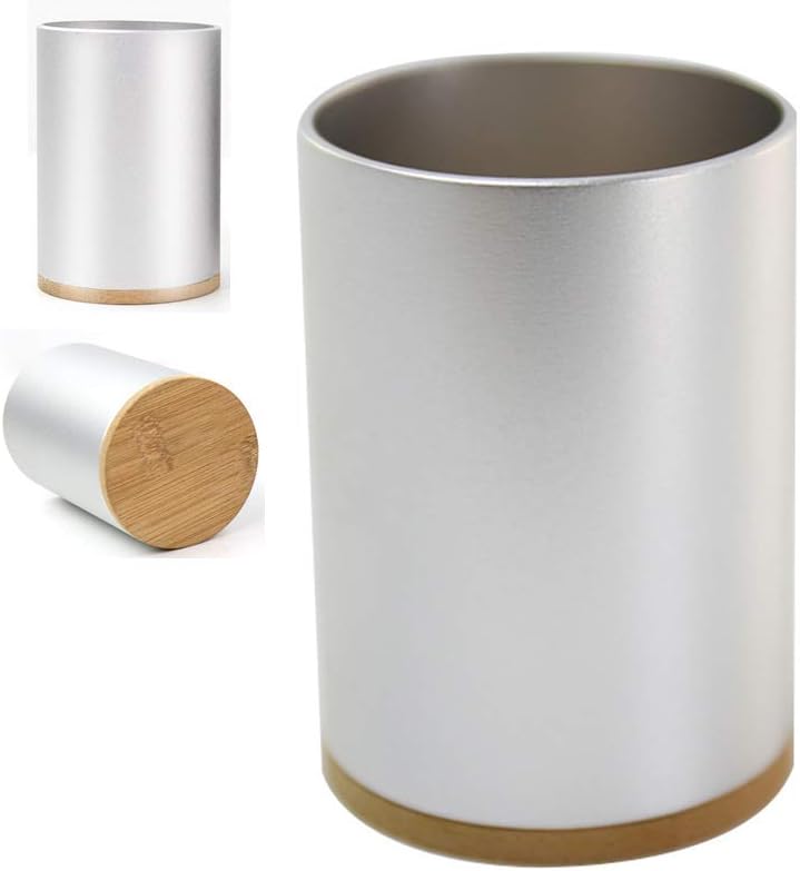 LFMXLD Aluminum Alloy Creative Metal Pen Holder, Office Storage Round Pen Holder, Stylish Metal Body + Bamboo Bottom Storage Barrel. (Size: 8 * 6CM)
