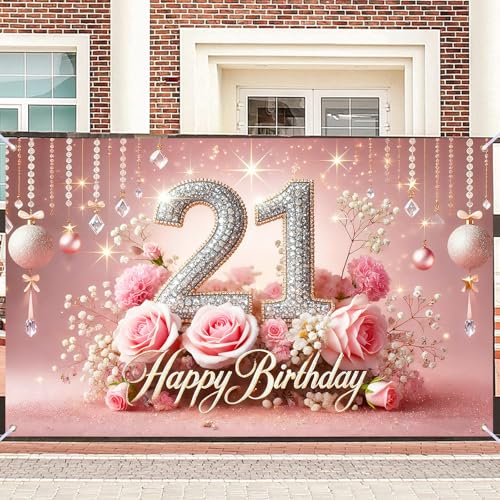 Image of Nuxovilar 21th Birthday Banner - Elegant Pink & Gold Floral Backdrop