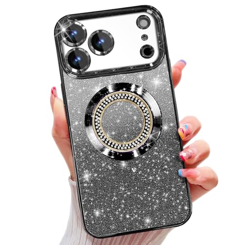 Image of Misscase for iPhone 17 Pro Max Magnetic Glitter Case Compatible with MagSafe,Full Protection Slim Shockproof Anti-Scratch Case with Camera Lens Protector Plating Bling Dust-Proof Net Black
