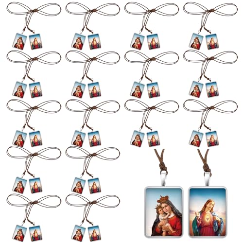 16 Pcs Catholic Scapular Necklace Metal Escapularios Catolicos Sacred Heart of Jesus with Our Lady Mt Carmel Catholic Scapular Gifts for Men Women Christian First Communion Confirmation 19