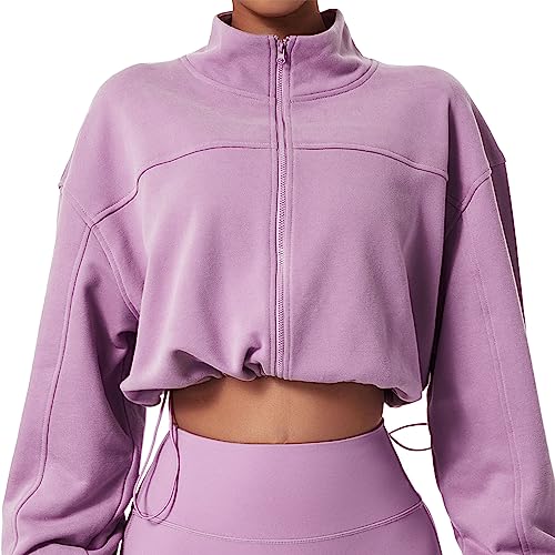 FRZY Chaqueta de entrenamiento de manga larga, chaqueta de yoga para correr, chaqueta recortada, color sólido, cordón, ajuste relajado para aeróbic para mujeres (L)