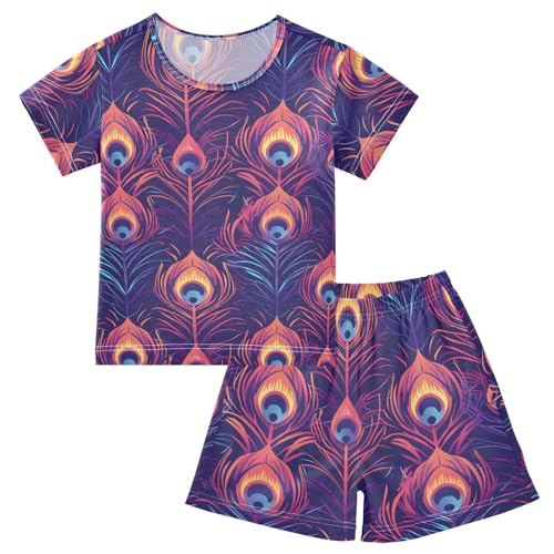 ALAZA Stylish Peacock Feather Pajamas Short Sleeve 2 Piece Sleepwear Top and Bottom Pajama Set Unisex