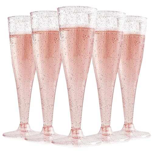 Fadcaer 20Pcs Champagne Glasses 5 OZ Glitter Champagne Flutes Reusable Stemmed Party Wine Cups Cocktails, Prosecco, Wine, Prosecco Toasting Glasses for Garden Wedding Birthday Party (Color C)