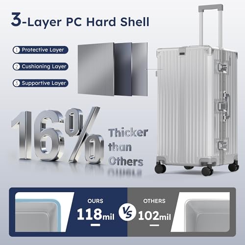 Image of ALPHA CAMP Trunk Luggage 24 Inch with Aluminum Frame Zipperless Suitcase | Medium Checked Thickened 3-Layer PC Hardshell with TSA Lock,Charging Port, Cup Holder and Spinner Wheels for Domestic Travel