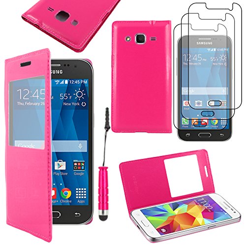 ebestStar - Coque Compatible avec Samsung Galaxy Core Prime SM-G360F, 4G SM-G361F VE Etui Slim Housse Portefeuille Fenêtre View +Mini Stylet +3 Films, Rose [Appareil: 130.8 x 67.9 x 8.8mm, 4.5']