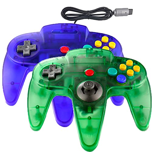 2 Pack Classic N64 Controller,Wired N64 64-bit Gamepad Joystick for N64 Console (Clear Green and Clear Blue)