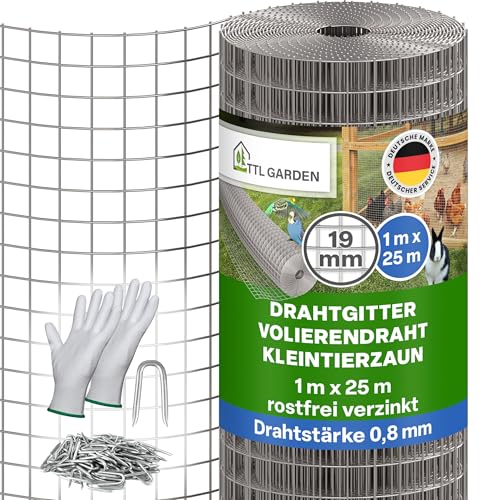 TTL GARDEN 1x25m Drahtgitter 19mm Masche 0,80mm Draht auf Rolle - feinmaschig rostfrei verzinkt Stärke 19 mm Maschenweite Volierendraht Maschendraht Hasendraht Wühlmausgitter 25m x 1m breit