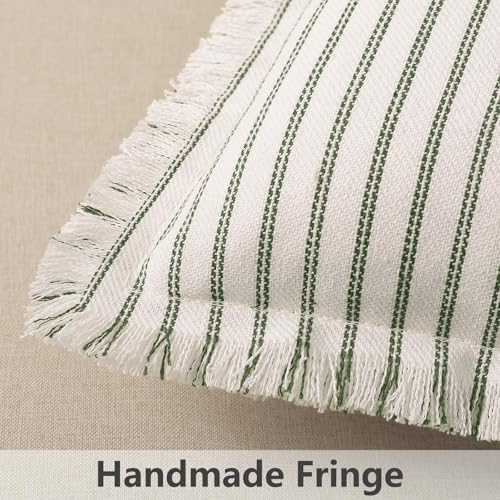 Image of ZWJD Throw Pillow Covers 24x24 Set of 2 Striped Pillow Covers with Fringe Chic Cotton Decorative Pillows Square Cushion Covers for Sofa Couch Bed Living Room Farmhouse Decor, (Olive Green)
