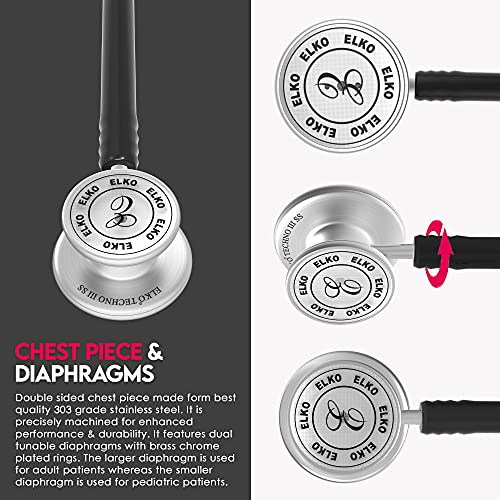 Image of ELKO EL-170 TECHNO III SS Stainless Steel Acoustic Stethoscope | Adult & Pediatric Stethoscope With Double Sided Chestpiece | Two-Way PVC Tubing | Doctors & Medical Students (Black)