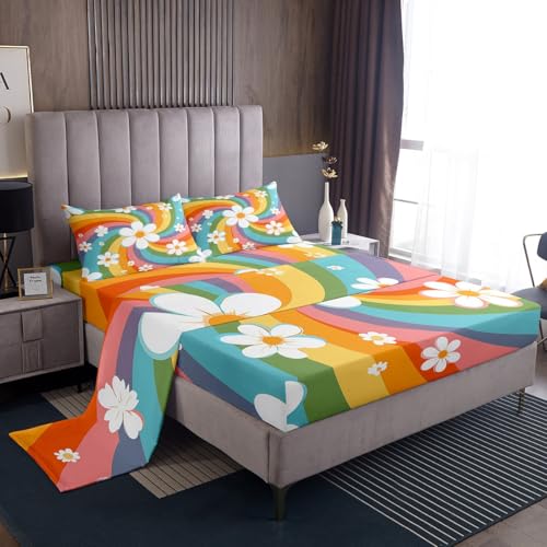 Image of Cartoon Flowers Bed Sheet Queen Set Colorful Stripes Sheets Sets Adults Bedroom Decor Rainbow Hippie Microfiber Bedding Set with Flat,Fitted Sheet,2 Pillow Cases