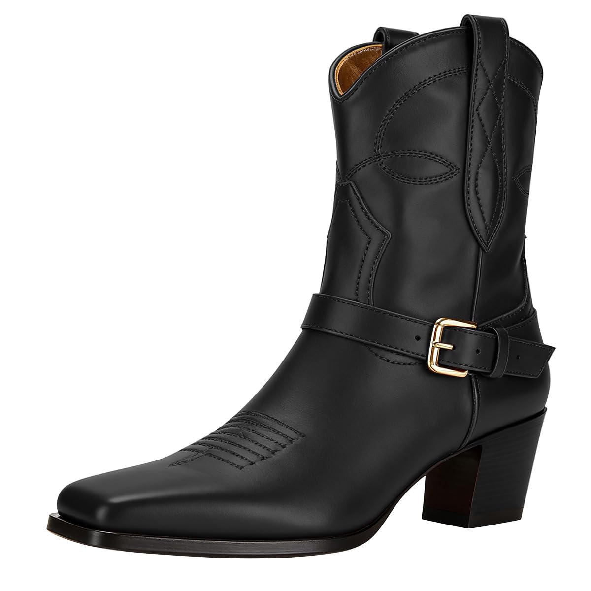 FSJ Women Cowgirl Cowboy Ankle Boots Square Toe Chunky Heel Western Stitched Short Booties with Buckle Strap Size