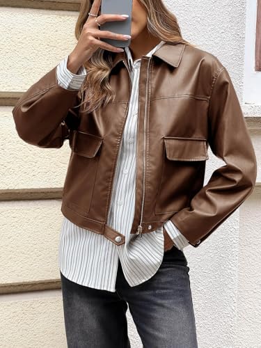 Cicy Bell Womens Faux Leather Bomber Jackets Zip Up Cropped Lapel Moto Coats Trendy Casual Outerwear with Pockets2