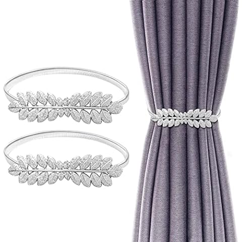 2PCS Curtain Tiebacks with Leaf Design, Aluminum Alloy Decorative Curtain Ties, Indoor Outdoor Curtain Tiebacks Elastic Curtain Holdbacks for Home Decor (Silver) Cover