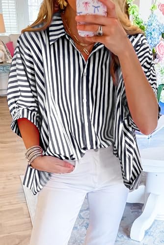 Women 2025 Summer Stripe Dolman Sleeve V Neck Oversize Shirt Tops Casual Button Up Short Sleeve Striped Blouse2