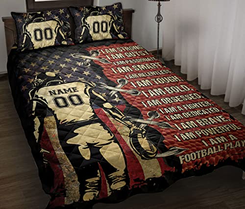 Custom Football Boy Us Flag Player Fan Gift I Strong Personalized Name Number Quilt Blanket & Pillowcases, Quilts Bedding Set & Pillow Cover, King Queen Double Twin Throw Full Size Bedspread Bed Sets