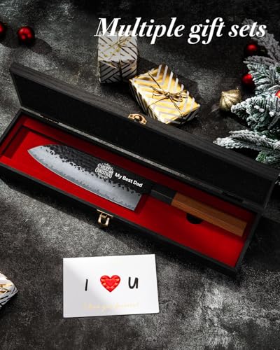 Image of FAMCUTE Engraved 7'' Japanese Santoku Knife, Hand Forged 5-Layer Steel Chef'Knife with Rosewood Handle, Memorial Gifts for husband, Ultra Sharp Kitchen Knife for Dad Birthday Gift (Luxury Wood Box)