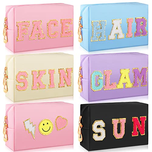 6個 プレッピーパッチメイクアップバッグ シェニールレターコスメティックバッグ PUレザー プレッピー 防水 オーガナイザー ポータブルレポーチ かわいいトラベルアクセサリー 収納財布 レディース ガールズ ギフト, 画像をご参照ください。