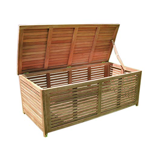 FineHome XXL Teak Kissenbox Auflagenbox Teakbox Gartenbox offene Lattung B 140 x T 70 x H 65 cm