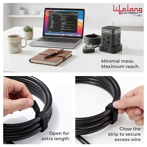 Image of Lifelong Electronics Extension Board 7-in-1 with Switch | 4 AC Sockets + 3 USB Ports (2 Type A + 1 Type C) | Overload Protection | Desk Accessories & Multiplug Gadget | 2M Cord (Model: Cube)