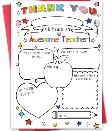 Hongshan Thank You Card for Teacher,Fill in the Blanks,Funny Appreciation Card Gift,Teacher Thank You Gifts Card from School Kids Students with Envelopes