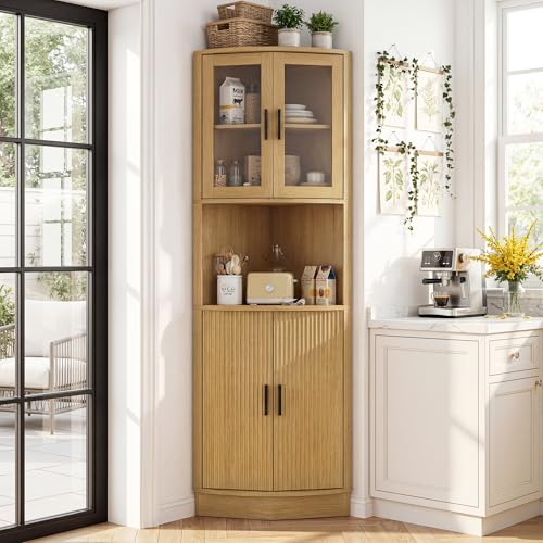 BonVache Tall Corner Storage Cabinet Bathroom Corner Shelf Unit with Glass Door and 5 Storage Shelves Freestanding Sideboard Cabinets for Living Room Kitchen Nature