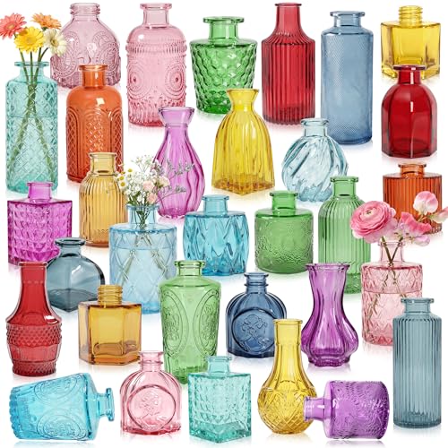 Colored Glass Vases Bulk 32 Pcs - Assorted Vintage Bud