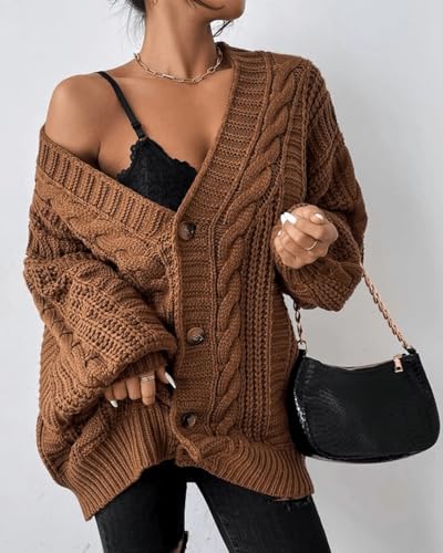 Womens Chunky Lantern Sleeve Button Down V Neck Knitted Sweater Cardigan Twist Cable Knit Fall Cardigan Shawl3