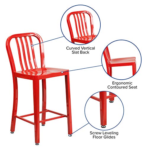 Flash Furniture Commercial Grade 2 Pack 24" High Red Metal Indoor-Outdoor Counter Height Stool With Vertical Slat Back #TOP4