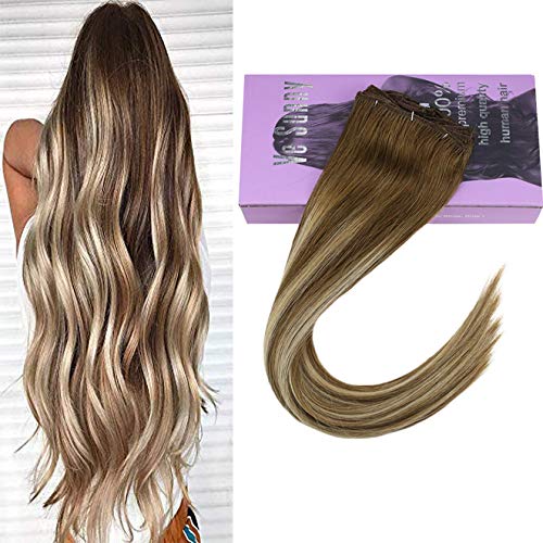Ve SunnyClip in Human Hair Extensions Balayage Clip on Hair Extensions Chestnut Brown with Blonde Ombre Clip in Extensions Human Hair Double Weft Remy Human Hair 18inch 7pcs 120gCarbonfree Certified