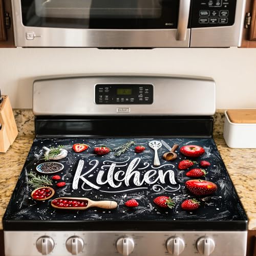 Image of Nuxovilar Stove Top Cover for Electric Stove, 20x28 Inch Polyester Glass Cooktop Protector with Chalkboard Style Strawberry Kitchen Utensil Design,for Kitchen Decor