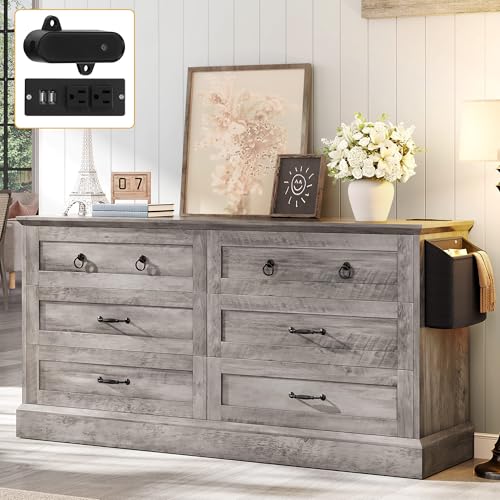 DWVO Farmhouse 6 Drawers Dresser with Air-Purifier, 59" Wide Wood Rustic Chest of Drawers with Nice Texture, Vintage Design, Storage Dressers Organizer for Living Room, Hallway, Grey