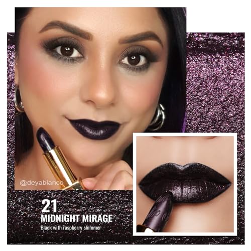 OULAC Halloween Lippenstift Metallic Glanz Finish, Schwarz Glitzer Lippenstifte mit Lang Anhaltendem 3D-Glanz, Intensive Farbe… – Ansicht 2