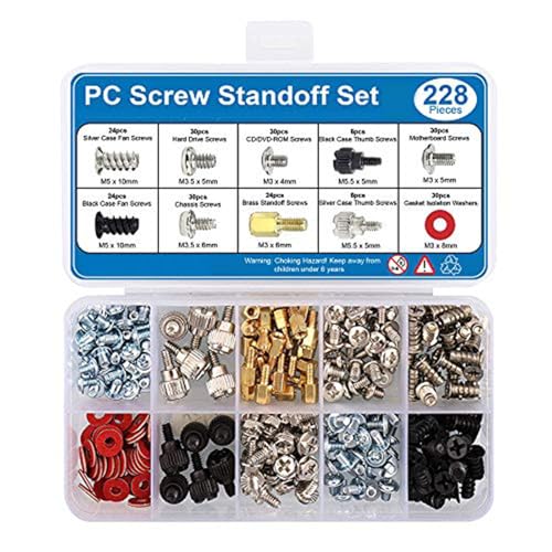 Lawnoval Kit de 228 piezas de tornillos de PC y latón para reparación de carcasa de computadora, placa base, disco duro y laptop, en caja de almacenamiento de plástico