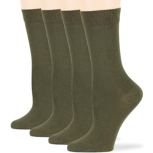 7BIGSTARS KINGDOM Womens Cotton Dress Socks - 4 Pack Large - Solid Casual Crew Lightweight Calf - Sock Size 10-12 Shoe Size 8-12 L Olive Green