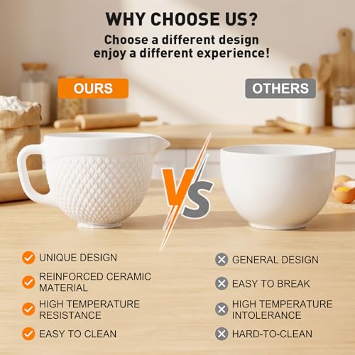 Image of COFUN Ceramic Mixer Bowl for KitchenAid 4.5-5 Qt Tilt-Head Stand Mixers | Mixing Bowl with Handle & Pour Spout, Oven /Microwave /Dishwasher Safe