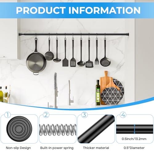 Image of 2 Pack Tension Rods for Windows 28 to 48 inch, Adjustable Curtain Rods No Drilling Spring Rods Extendable Pressure DIY Tension Rod for Window Closet Kitchen, Black