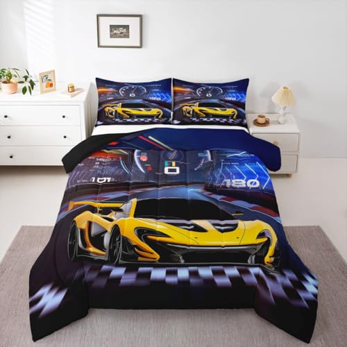 Image of Feelyou Blue Yellow Sports Bedding Set - Race Car Comforter Set for Kids - Twin Size with 1 Comforter Set and 1 Pillowcase